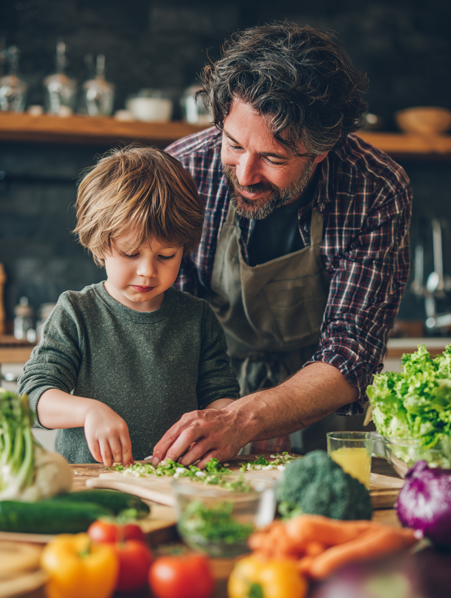 Семейство готви заедно в светла кухня